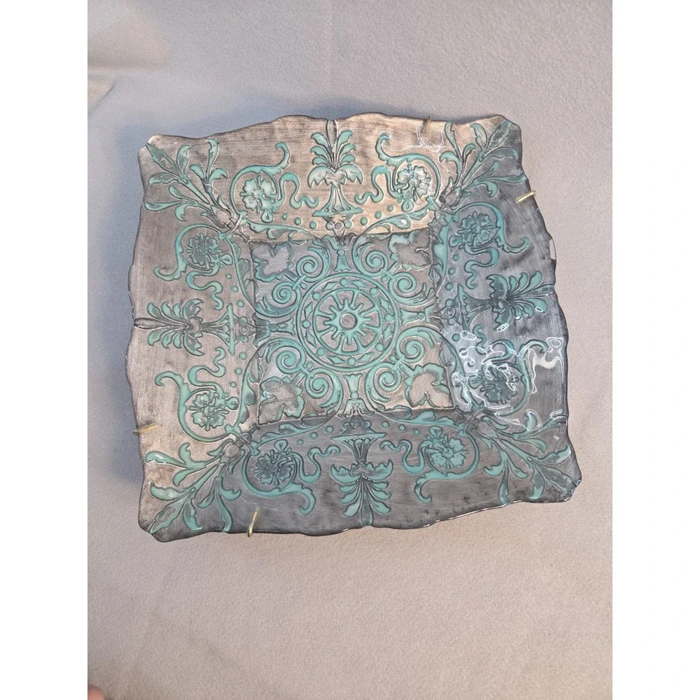 Vintage Turkish Art Glass Platter Square Reverse Painted Turquoise Silver 11